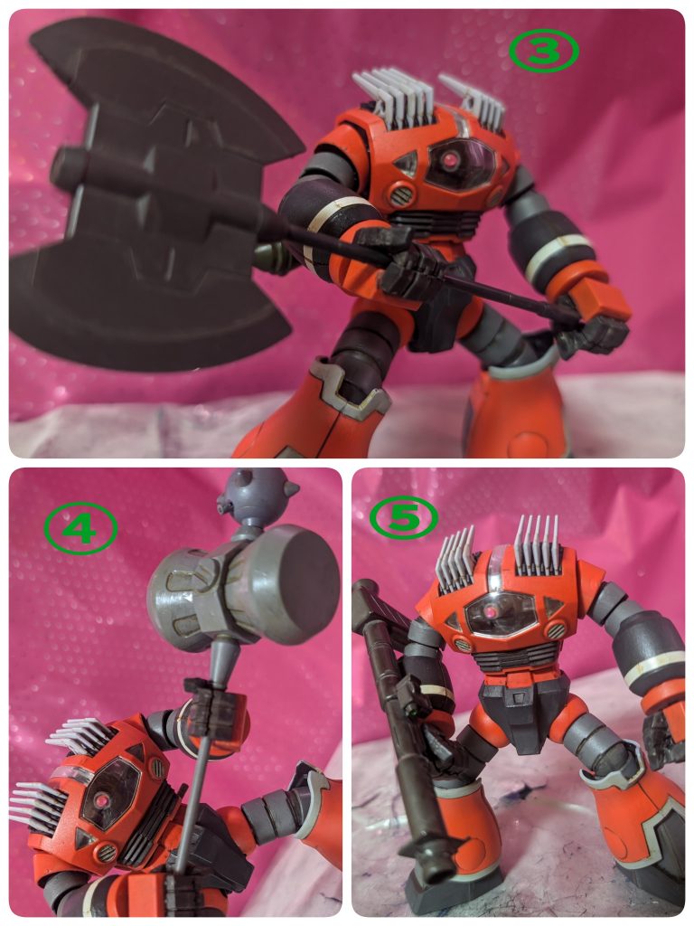 ③ヒートアックスゲッタートマホークもとい、HGディランザ(ラウダ機)のヒートアックス。コイツもデカくてカッコいい！！大張正己イメージで😅④メガトンハンマー(100tハンマー)ダンボール戦機の武器セットにHGレイダーガンダムのミョルニルを取り付けました。モチーフはけん玉です（笑）ガッシャの山越えハンマーのプロトタイプという設定ですが、この武装を扱えるのがテストパイロットを努めたカオリ・マキムラ少尉のみというトンデモ兵器（笑）⑤360mmジャイアントバズーカリックドムⅡやケンプファーも使用した携帯武装。HGケンプファーから流用しました。  