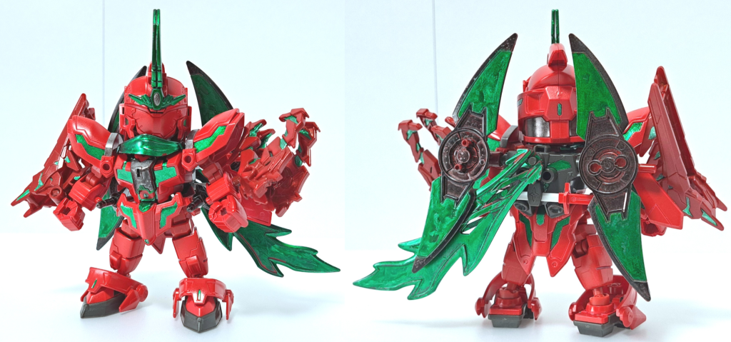 SD形態 変形機能を持ち、デストロイモードを通常戦闘時の「シノビ形態」、ユニコーンモードを隠密行動に長けた「カクレ形態」として使用する。前回の零丸と同様シールド手裏剣を分割し背中に装着するに加え、アームドアーマーBS/VNの再現に龍尊劉備ユニコーンガンダムのパーツを使いました