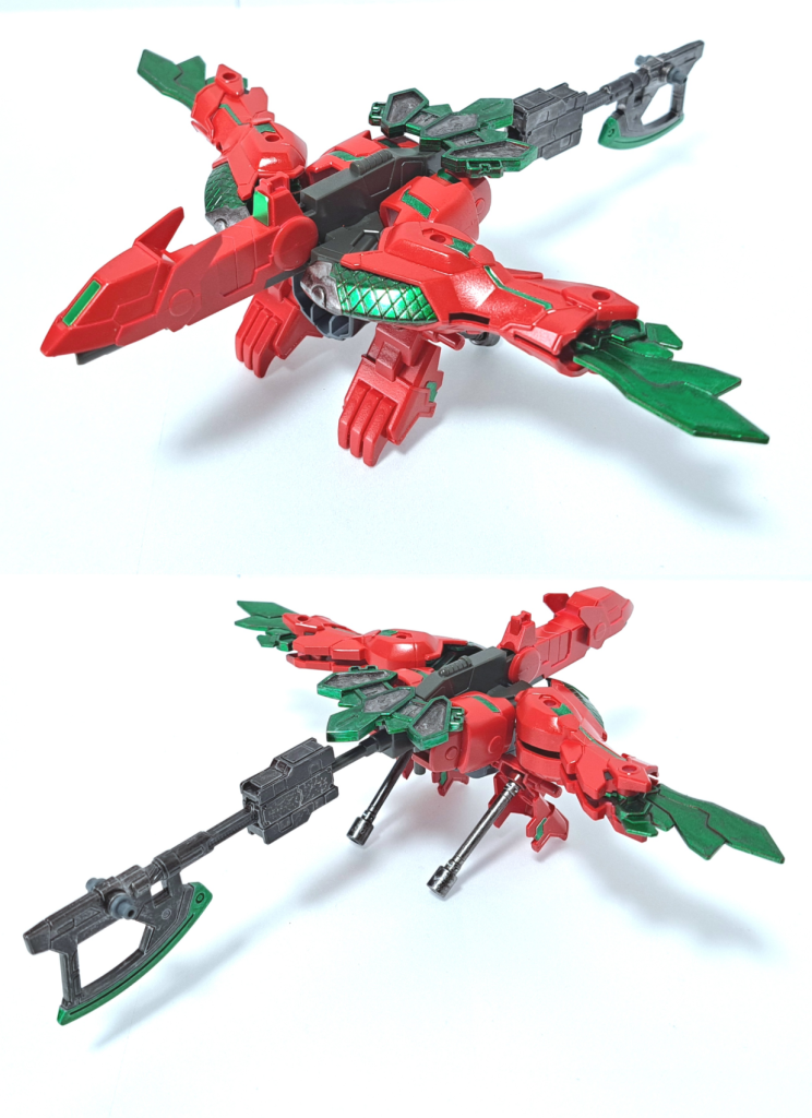 武装装甲八鳥(はっとり) <風駆凰華> ver ユニコーンガンダムに設定されていた増加サイコフレーム兵装、アームドアーマーシリーズのコンセプトを踏襲した鳥型サポートメカ。一定の行動判断が可能で、主に偵察任務などに使用される。本機では、尾や足裏にパーツが追加されており尾は分離することで零丸の武器となる。