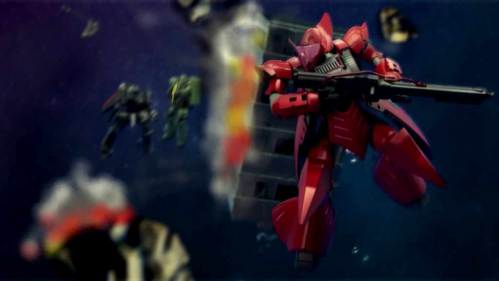 「見つけた!南天方向、距離500!」キリアンの叫びが、通信チャンネルを駆け巡る。夥しい爆発の閃光の中に、微かな機影。ビルの瓦礫の裏に、赤いMSの姿があった。「キリアン!俺が牽制する、そのままヤツを追え!」ソルヴィンの声にはじかれるように、キリアンは《ガ・ゾウム》を加速させる。機体はまるで漆黒の矢のように宇宙を駆け抜けた。ソルヴィンが放ったビーム・マシンガンの乱射が、敵の行く手をふさぐ。