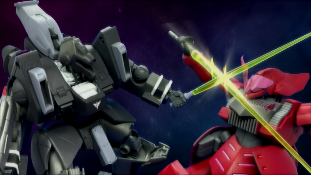 「その色、“赤い彗星”気取りか……!」キリアンはビームサーベルを引き抜き、一直線にスナイパーへと斬りかかった。敵のモビルスーツはライフルを捨て、同様にサーベルを発振させて受け止める。そして激しいプラズマが生じ、両機の目の前でスパークした──。