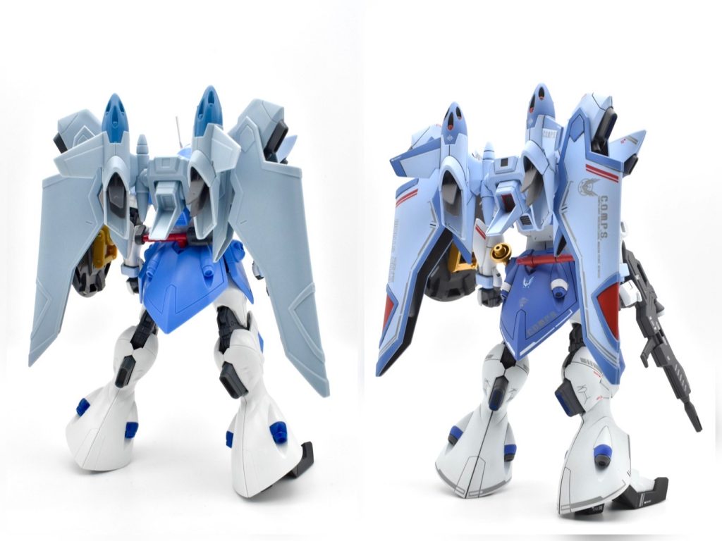 作業工程は以下の通りです。ゲート処理をしながら仮組み改修点・色分けのチェック肉抜きをパテ・プラ板で穴埋め各パーツの表面処理(エッジ出し、C面処理、パーティングライン消しなど)各パーツのモールドを掘り直し・ディテールアップ改修後のチェックパーツの洗浄・乾燥エアブラシでサフ&オリジナルカラー塗装マスキングで色分け塗装スミ入れ・面相筆を使って細かな部分塗装水転写デカール貼り付けトップコートを塗布仕上げのディテールアップ