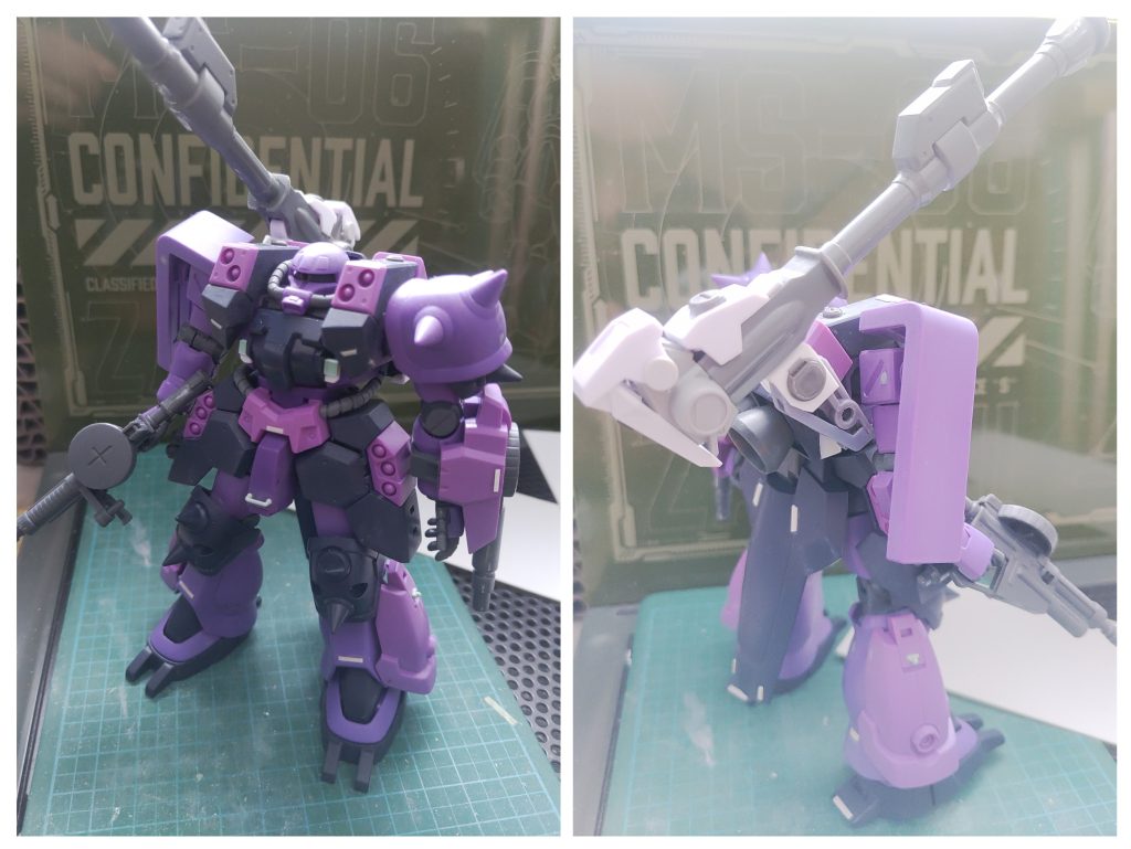 プロポーションはそのままで、胸部やシールドを付属のザクF2の物に変更。陸戦ジムのバズーカにジャンクパーツを付けて、キャノンにしました。