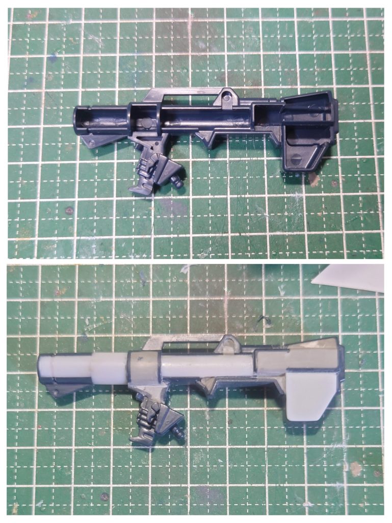 武器類その4、バズーカ激しい肉抜きに心を折られそうになるバズーカですが、タミヤ8mmプラパイプの径がピッタリなので、上手く切り出して使えば砲身部分は何とかなります。それでも大変ですが…。長さも足りないと感じたのでこれも8mmプラパイプで7mmほど延長しています。