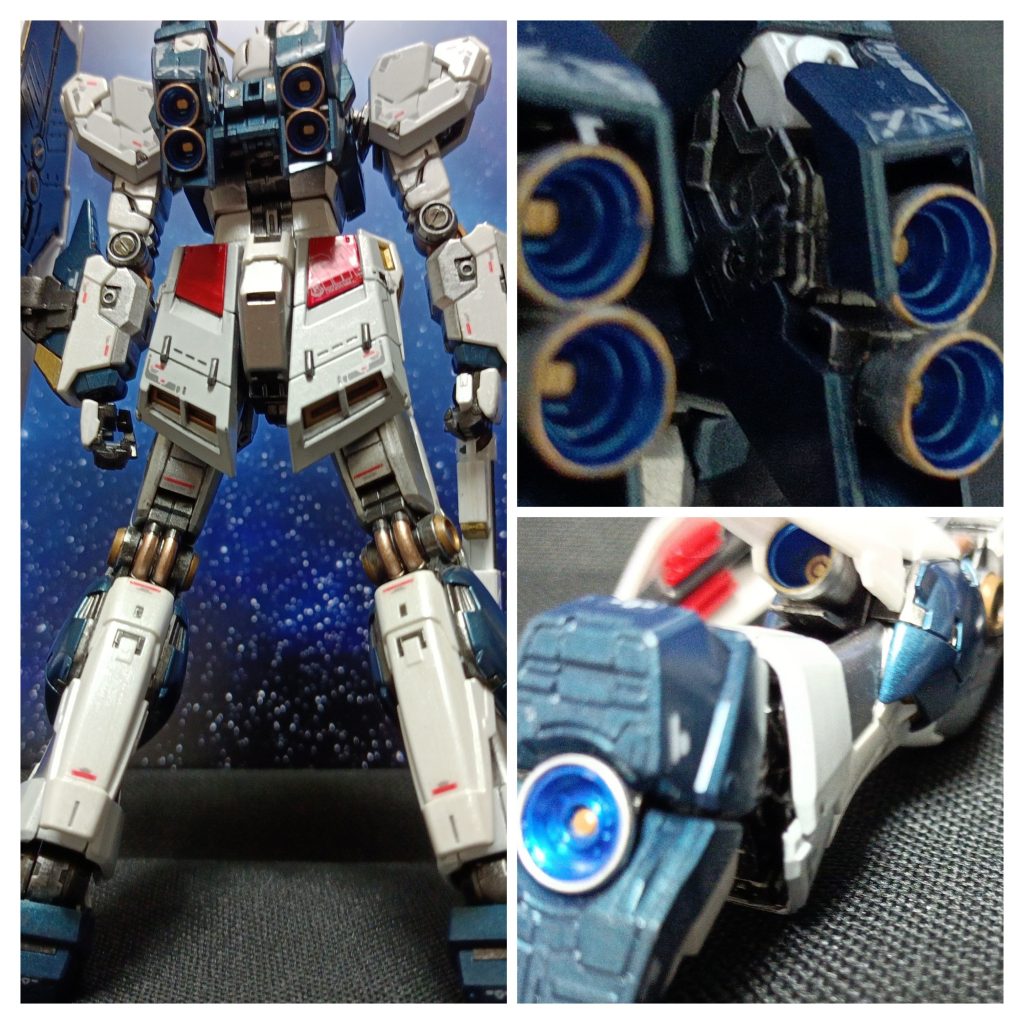 以前の投稿では触れていませんでしたが、スラスター(バーニア)内部をブルーでキャンディ塗装して噴射ノズルをゴールドにしたり、フレームをシルバーでウェザリングしたり、ちょっと手の込んだことやってました(内部フレームも含めて筆塗り全塗装してた何年か前の自分は変態じゃないか…)