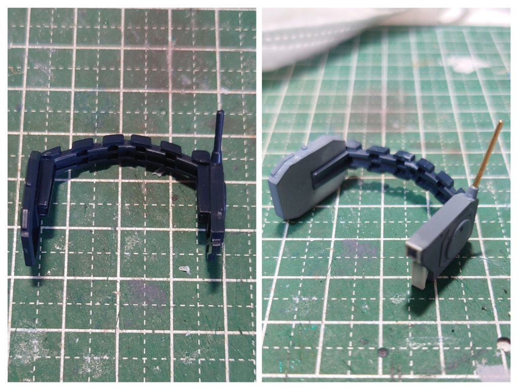 武器類その3、バルカンポッド何気に最後まで考えさせられたところ。裏から1mmプラ板を貼って厚みを出し、設定と形が違う左側の部分をプラ材でディテール追加。アンテナは定番ながら1mm真鍮線で元の1.5倍程長くしています。