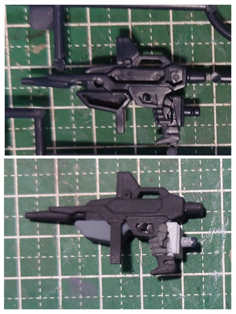 武器類その2、ビームライフルエネルギーパックなどの肉抜き部分をパテなどで埋めて、フォアグリップを作り直し。