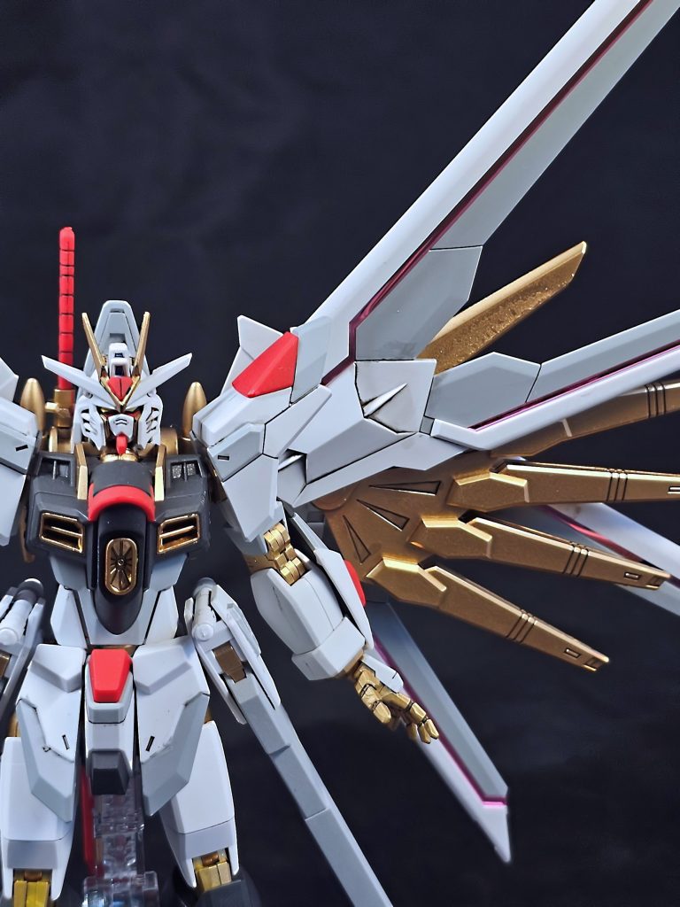 ドッキングしてマイフリになるとこんな感じ。ベースは多くのモデラー様の既存作品や超合金・METAL ROBOT魂を参考に、RG風にグレーを多く取り入れることで情報密度のアップを画策。同時にプラウドディフェンダーとのミスマッチの最大の要素だった青の色味を排除しそこに別の色を再配色しています。