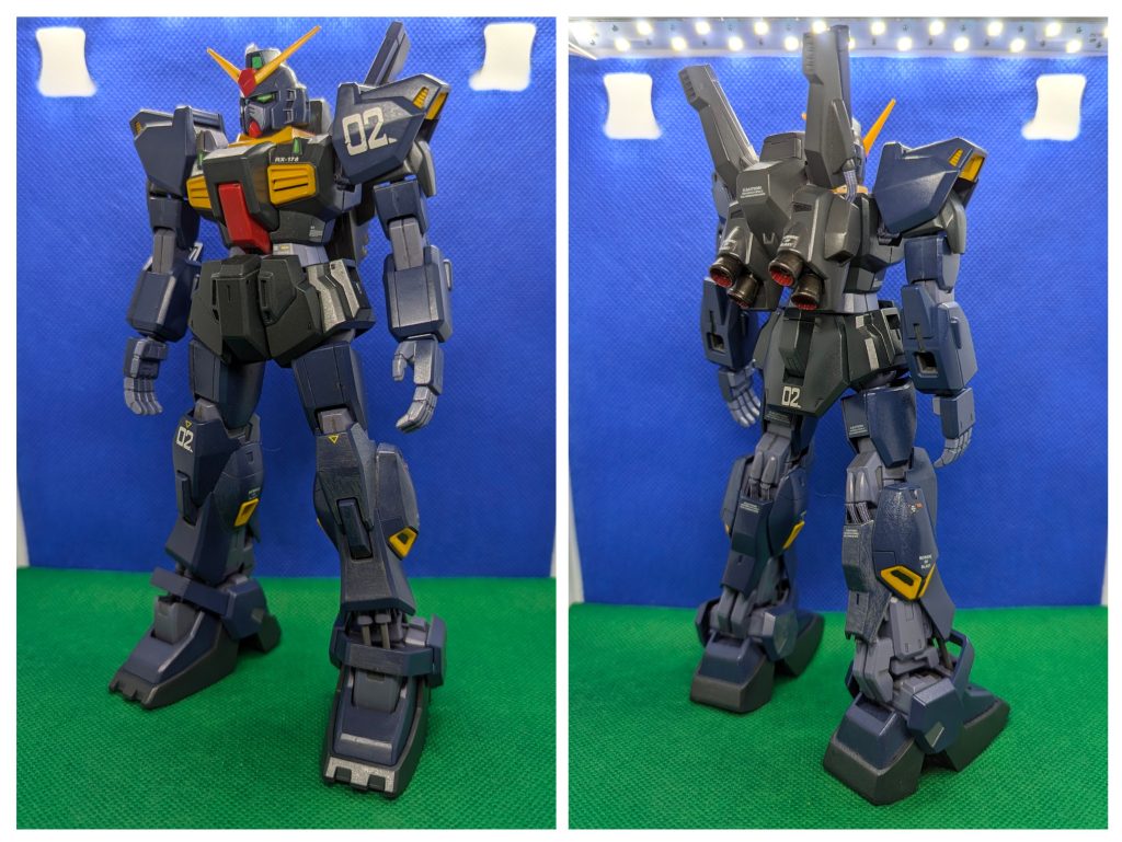 クリーン状態の前後ショット。部分塗装、成型色仕上げです。…が、クリア塗装面の一部が白化してしまう等の不具合が起き、自分としてはちょっと失敗してしまった感の有る作品となりました…