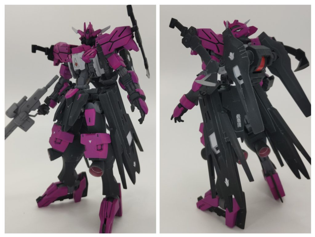 前後から。 ガンダムヴィダールが鉄華団に鹵獲、そしてノルバ・シノがガンダムフラウロスと共に散ることなく、五体満足で生還後に最終決戦に臨むべく急遽リペイントされたという妄想です。 3つ目のエイハブ・リアクターは鉄華団側で用途が不明と判断されたので色もそのまま、という設定。