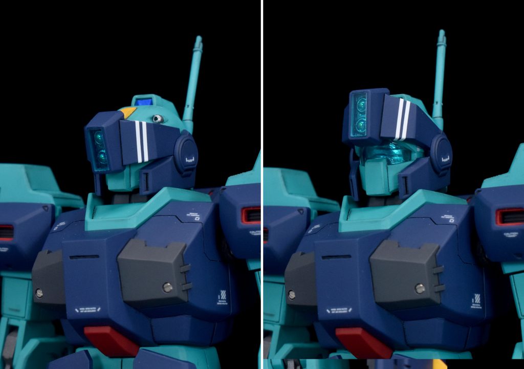 バイザーは可動式。ジャンクパーツとプラ板から作成。カメラ部分のクリアパーツはメインカメラの余ったクリアランナーのタグから切り出しています。