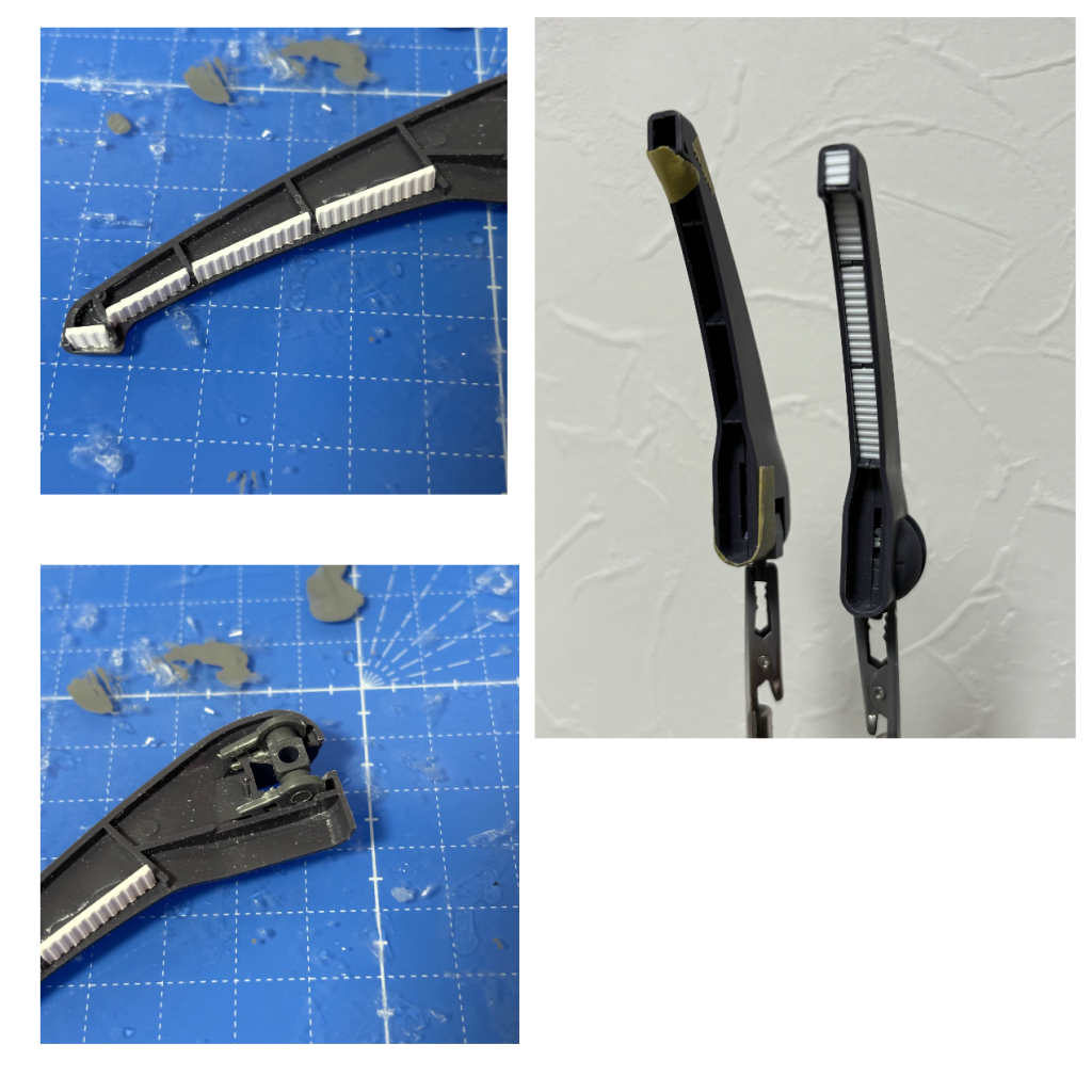 ムービングスラスターはボールデンのジョイントパーツを加工してポリキャップ受けを作り、模様付きプラ板を挟み込んでスラスターを表現しました。