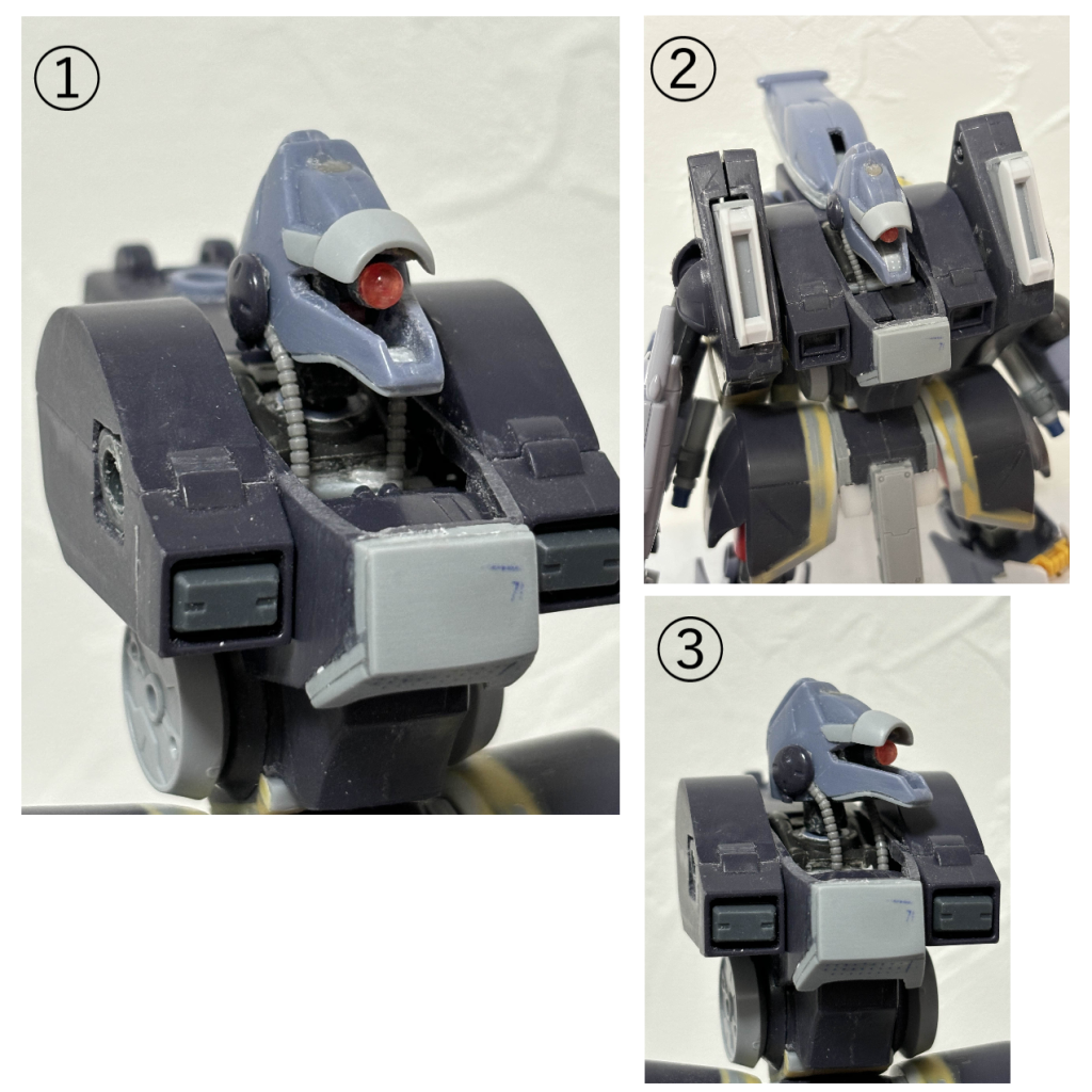 まずは上半身。頭部はプラバンとジャンクパーツのスラスターを半分に切ったパーツで丸みをつけ、よりガ・ゾウムらしい形状に変更(①)。肩のはくり抜き、HGアトラスガンダムのスラスターを移植(②)。胸部はプラ板でボリュームアップし、胸のダクトにジャイアントガトリングの蓋パーツをはめ込み。サイズ感がちょうどよかったです(③)。また、首と動体を繋ぐチューブのパーツはビルダーズパーツのMSパイプに変更しています。
