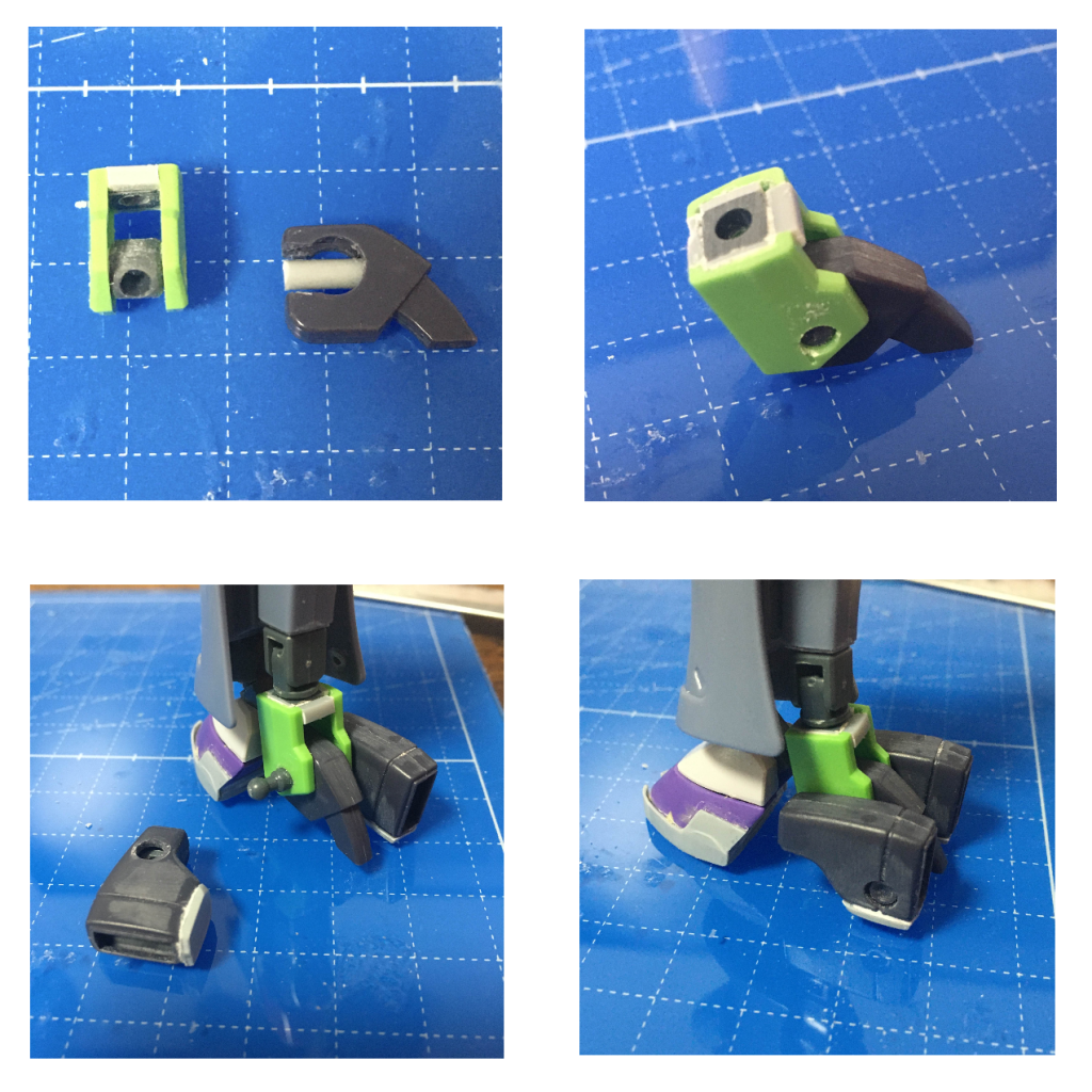 脚部はどういうわけか、一番苦労した膝の加工を取り忘れていました。簡単に文章で説明すると、最終的にHGUCガンキャノンの膝関節を半分に切り、アームアームズのジョイントを使って二股に分岐させています。反面、踵の構造は一度思いついたらすんなりと作れました。HGシャルドールの肘部分を利用し、そこに軸受けとポリキャップを挟み込みます。かかとは「C」の字に切り欠き、3ミリ棒を指して後ハメ可能に。ボールデンの3ミリボールを使ってカカトの左右パーツはフレキシブルに動くようにしました。つま先側はキマリスの部品を流用。