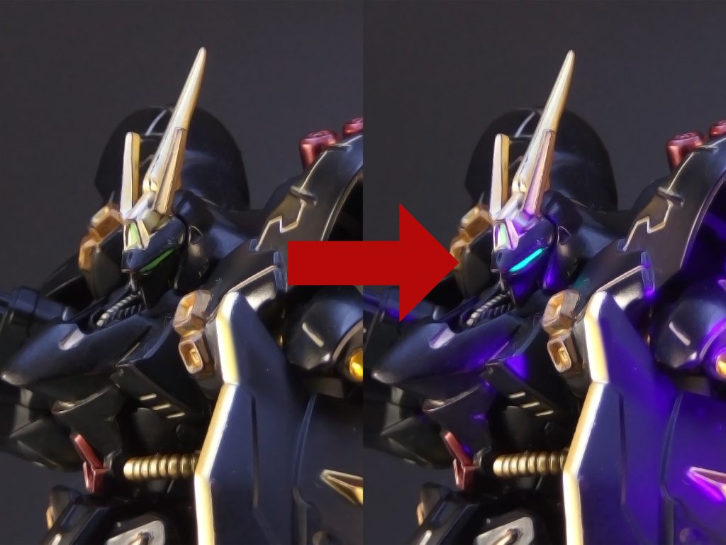 モノアイ部分には蛍光塗料を使用しているので、ブラックライトで光ります。