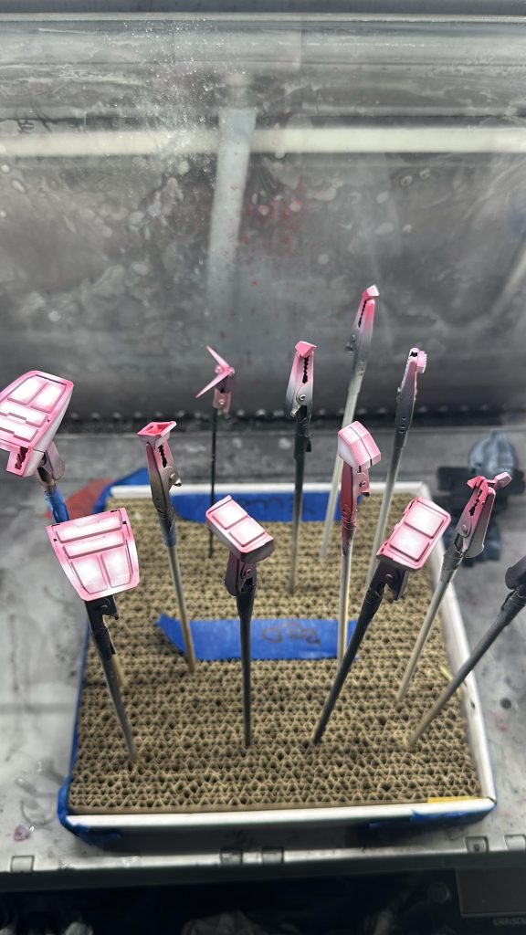 I utilized the recommendations of Saint-ism by painting my yellow and red pieces with a base coat of pink to preserve the warmth of the colors. Then I used pure white to pre-shade.