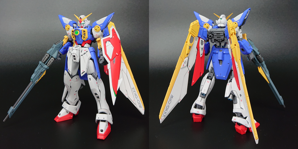 全身写真。デカールはガンダムデカールのORIGIN汎用4とMGウイング用を使用しています。バーニア内部はクリアブルーを上塗りしています。