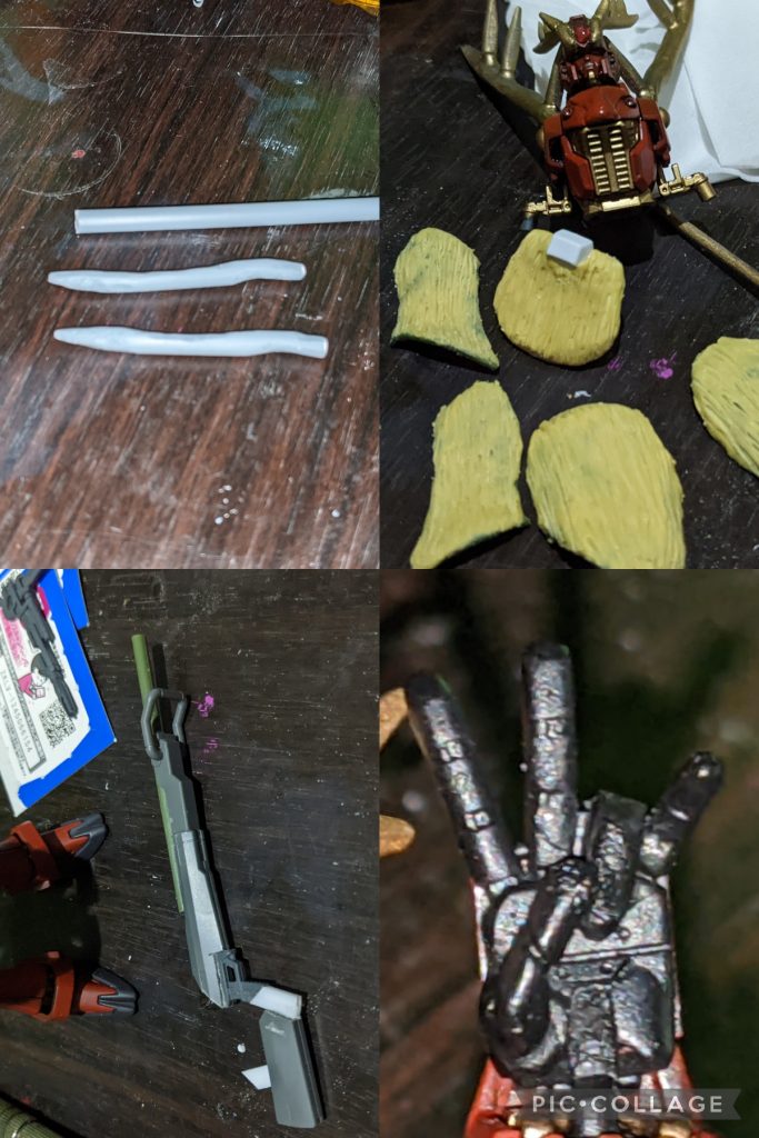 スカートは前回Re:ザウラー造ったときの恐竜のプラモで余った皮膚パーツを使って毛皮をイメージして薄くエポパテを伸ばして付けて爪楊枝でシャシャシャ……て毛並みをつけました。肩パーツもF91の肩パーツで同様にしてます。ボディは鹿の顔をイメージ鹿の角はプラ棒をリューターでガリガリゴリゴリしながら切った貼ったで自作ライフルは水魔女デミの拡張パーツ( ライフル系)を加工しF91のライフルの持ちてとランナーとプラ角材を使用して造りました。左手は…「 しかのこのこのこ……」