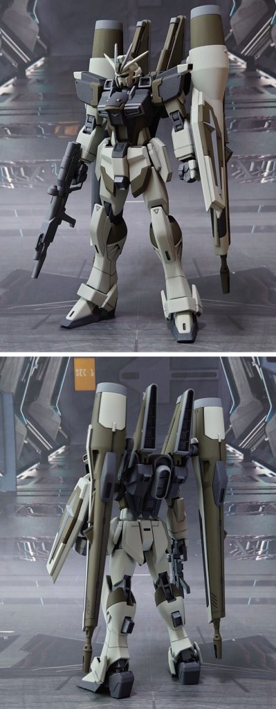 ブラストインパルスの前後ろ。工作は、ゲート痕処理、パーティングライン・段ズレ・ヒケの対処、面出し、肉抜き穴埋め、合わせ目消し、市販パーツ埋め込みによるディティールアップを実施。肉抜き穴埋めは首関節裏、コアスプレンダー(合体状態)裏側、腰サイドアーマー下端、足首関節、足裏、ブラストシルエットのレールガン(デリュージー)に実施。合わせ目消し(後ハメ加工含む)は頭部、肩アーマー、前腕、脛後ろ側、アンクルガード、ケルベロス、ビームライフルに実施。他、ケルベロス側面にあるグリップ取付部の、取り付けない側(内側)をパテで埋めています。
