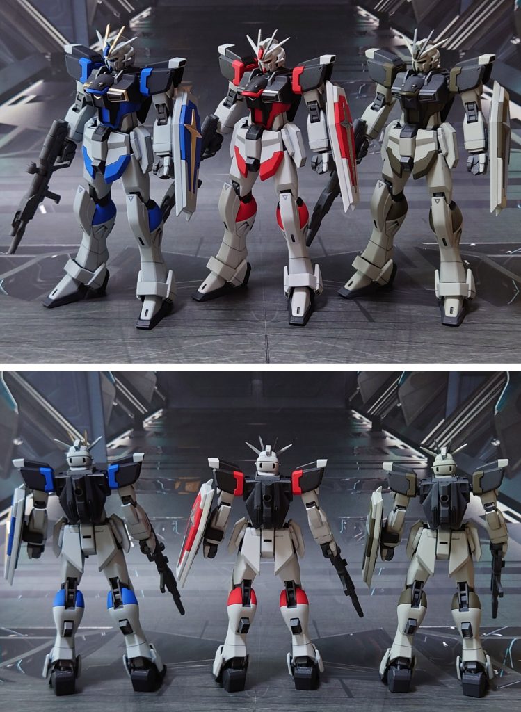 オリジナルカラーインパルス、3機の比較。並ぶと赤色(ソード)が主人公っぽいような、プロトタイプっぽいような。■塗装レシピ白∶黒サフ→灰色9号→つや消し赤：グレーサフ→MSレッド→つや消し黒：黒サフ→メタリックブラック→つや消し銀：黒サフ→シャインシルバー→光沢関節類グレー：黒サフ→ブライトガンメタル→つや消しポリキャップ：PPプライマー→ブライトガンメタル→つや消しジョイント類各種：黒サフエクスカリバー実体刃：黒サフ→シルバーリーフ→つや消しエクスカリバー・フラッシュエッジビーム刃：根元にベースホワイト→先端側にメタリックレッド→全体に蛍光ピンクツインアイ：黒サフ→ガンダムマーカー・ロイヤルメタリックレッド→光沢頭部センサー：キット付属シールにガンダムマーカー・トランザムホロレッド→光沢その他墨入れ・部分塗装：ガンダムマーカー各種 