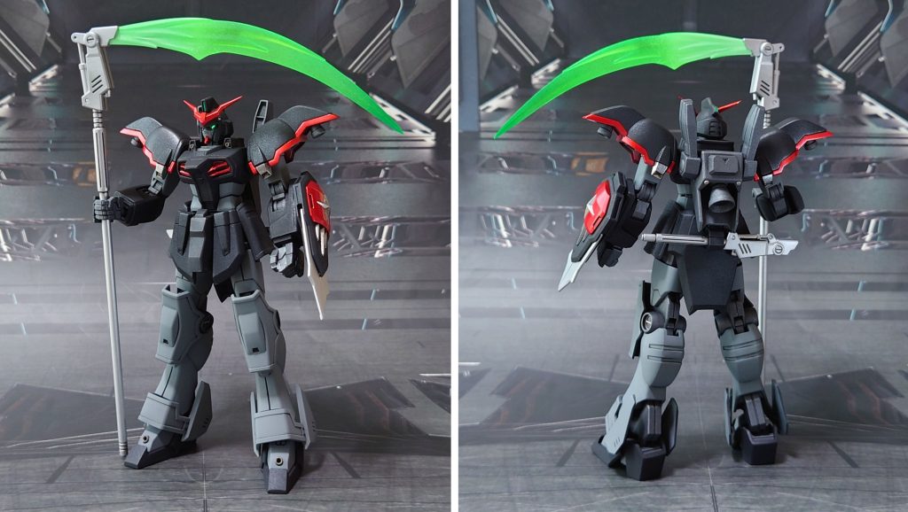 ガンダムデスサイズの前後ろ。工作は、ゲート痕処理、エッジ尖らせ、パーティングライン・段ズレ・ヒケの対処、面出し、合わせ目消し、肉抜き穴埋め、市販パーツ貼り付け・埋め込みによるディティールアップを実施。腰アーマーのV字マークは周囲のスジ彫り部分を埋めて削り落としました。