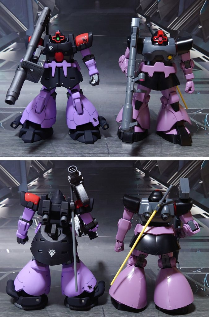 原型機ながらも発売順では後発の、HGUCドム(黒い三連星セット版)との比較。■塗装レシピ紫：黒サフ→MSパープル→つや消し黒：黒サフ→ダークブルー→つや消し赤：グレーサフ→キャラクターレッド→つや消し関節類グレー：黒サフ→ブライトガンメタル→つや消し武器類グレー：黒サフ→ガンメタル→つや消しポリキャップ：黒サフ→(各色)武器類ジョイントパーツ：黒サフヒートサーベル刃(使用時)：白サフ→蛍光ブルーヒートサーベル刃(非使用時)：黒サフ→呉海軍工廠グレー→つや消し頭部モノアイ：市販のレンズパーツ裏面に市販のシール素材を貼り付け→光沢頭部額カメラ：キット付属シールを使用バズーカ、マシンガンセンサー：市販のシール素材を使用その他部分塗装、墨入れ：ガンダムマーカー各種→つや消し 