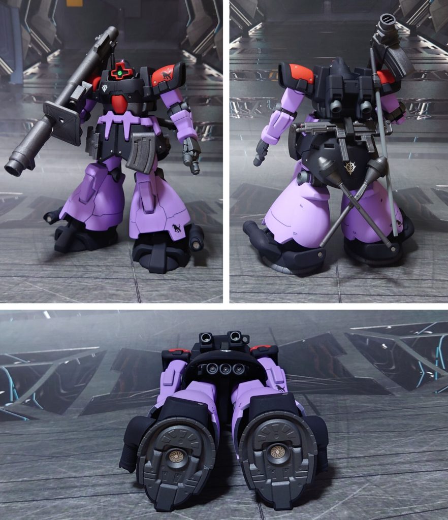 ドム・トローペンの前後ろと、下からのアングル。工作は、ゲート痕処理、エッジ尖らせ、パーティングライン・段ズレ・ヒケの対処、合わせ目消し、肉抜き穴埋め、面出し、市販パーツ貼り付け・埋め込みによるディティールアップを実施。仕上げに、水転写デカールでワンポイントのオシャレを加えてみました。