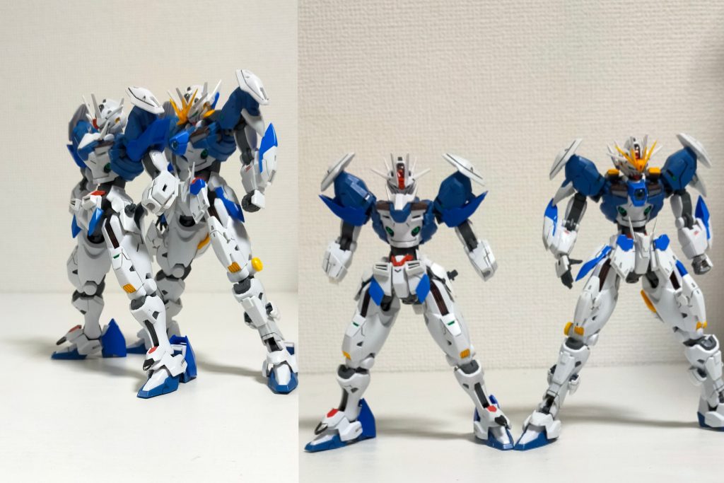 脚部延長をしていないエアリアルと比べるとこんな感じです!意外とわかりやすいぐらいには伸びてますね。左のエアリアルは改造中なので拳はついていません……