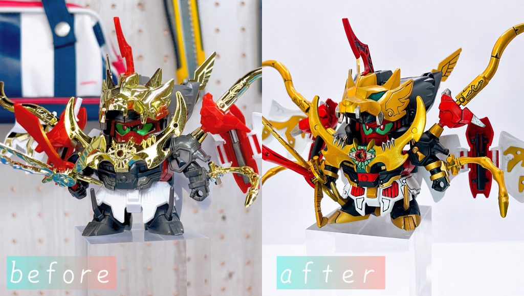 無塗装の素組状態との比較です!改めて金メッキは落としてよかったなと思いました。塗料もイエローよりかはオレンジ味があるゴールドにしてみましたが、どこか有機的な感じがしていい塩梅だと思います♪塗装するだけでこんなに見栄え変わるんだ!!ということが伝わりましたでしょうか?ぜひ皆様もかっこかわいいSDを好きになって欲しいです♪