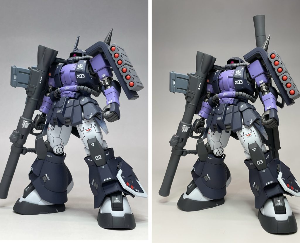 アンテナの取り外しができるようにし、指揮官機と一般機のどちらにも変更できるようにしました(といっても両面テープのポン付けです)。この写真だと、指揮官機の方の写真では、バズーカ背負ってなかったです…。