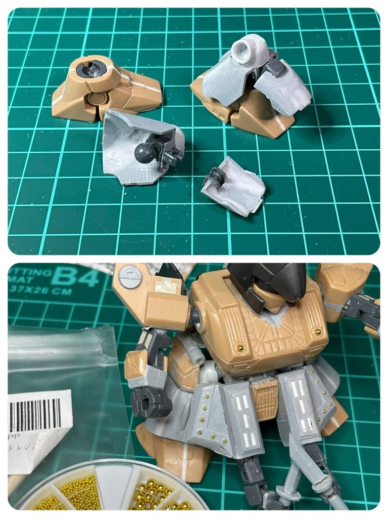 脛の整形と後ろ側の追加と、リベットにブリオンを埋め込んでいるところ