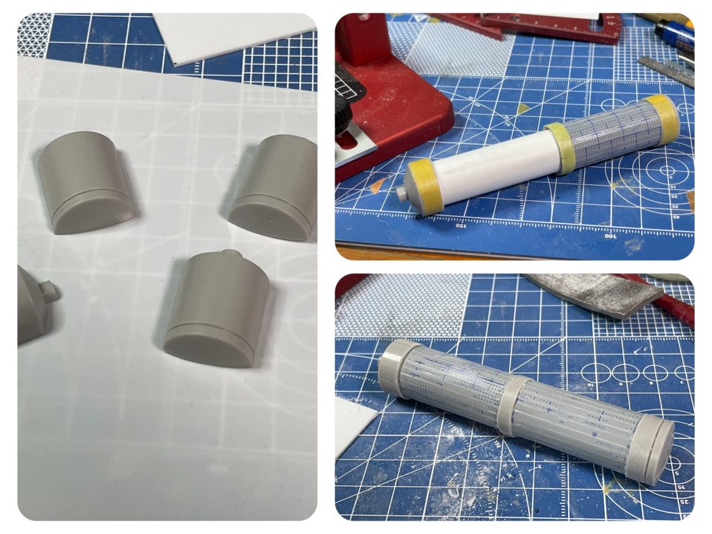 両サイドのメインロケットブースターはWaveのショートタンクを輪切りにして、延長して作りました。Waveのタンクの他、プラ板、プラ棒、プラパイプ、コトブキヤM.S.Gのスラスターノズル、ボーデンボールアームズなどを使ってブースターカイトを作成してます。