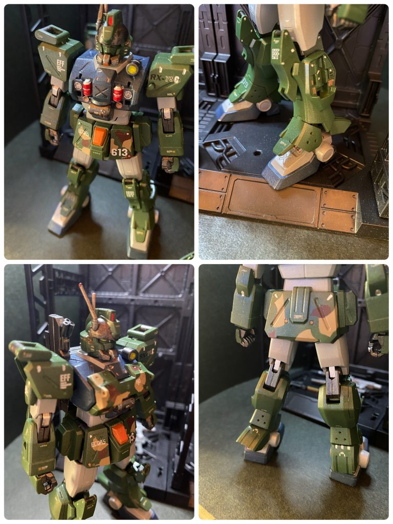 まず意外と合わせ目が多いキットだったので、自分的に気になるところは(下手くそな)合わせ目消しなり、段落ち処理なりをしてゆきます。08小隊といえば、やはりそのミリタリー色が魅力の作品!という事で、自分の中でミリタリーっぽさの代名詞とも言えるジェリカン等に付いているプレスを機体各所の寂しかったスペースにマイナスモールドで彫っていきました。若干左右がズレてしまった部分もありましたが、気にせずガンガン彫り進めてゆきました❗️実際にも簡単な加工だけど、重量を増やさず鉄板の強度を補強出来るという機能的デザインのこの意匠が大好きです👍他にも三つ星モールドを開けたり、非常に細かいモールドの筆塗りを頑張ったり🖌️頭部アンテナは真っ直ぐ2本立ってたんですが、野暮ったく見えたんで、長い方を一旦切断して斜め接続に変えました。今回ジム・スパルタンを参考にする事が多かったんですが、見ていたらスモークディスチャージャーとサーチライトがカッコよかったんで、塗装に入っていたにも関わらず、ランナーやらプラ棒、余りパーツでチャチャっとそれらしくスクラッチしてくっつけてしまいました❗️思い付きにも関わらず、とても良い雰囲気作りの小道具となったと思います。