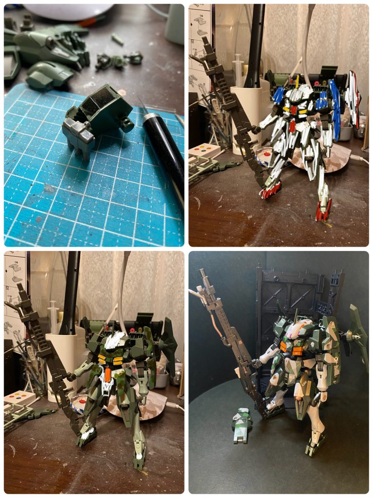 ストライカージンクス用のパーツは最近の設計という事もあり合わせ目などは段落ちディテール化されていたのですが、バックパックと、スモークディスチャージャーの肉抜きが気になったので、プラ板で埋め処理。初めてやってみたのですが、思ったよりもラクに処理できて、良きでした👍大型火器の名前がGNスマートガンということで、思わずSガンカラーに染めそうになりましたが、基本に帰ってオリジナルカラーのカーキ系を踏襲した上に、一部装甲にスプリッター迷彩を塗装。作例を探していたところ、スアマニさんの2nd STRIKER GN-Xが大変カッコよかったので、そちらを参考にさせて頂きましたー❗️