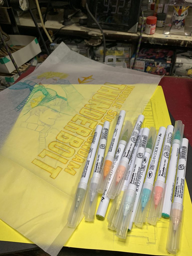 背景絵は一旦下絵を描いてトレーシングペーパーに写してクリーンカラーで着色です。