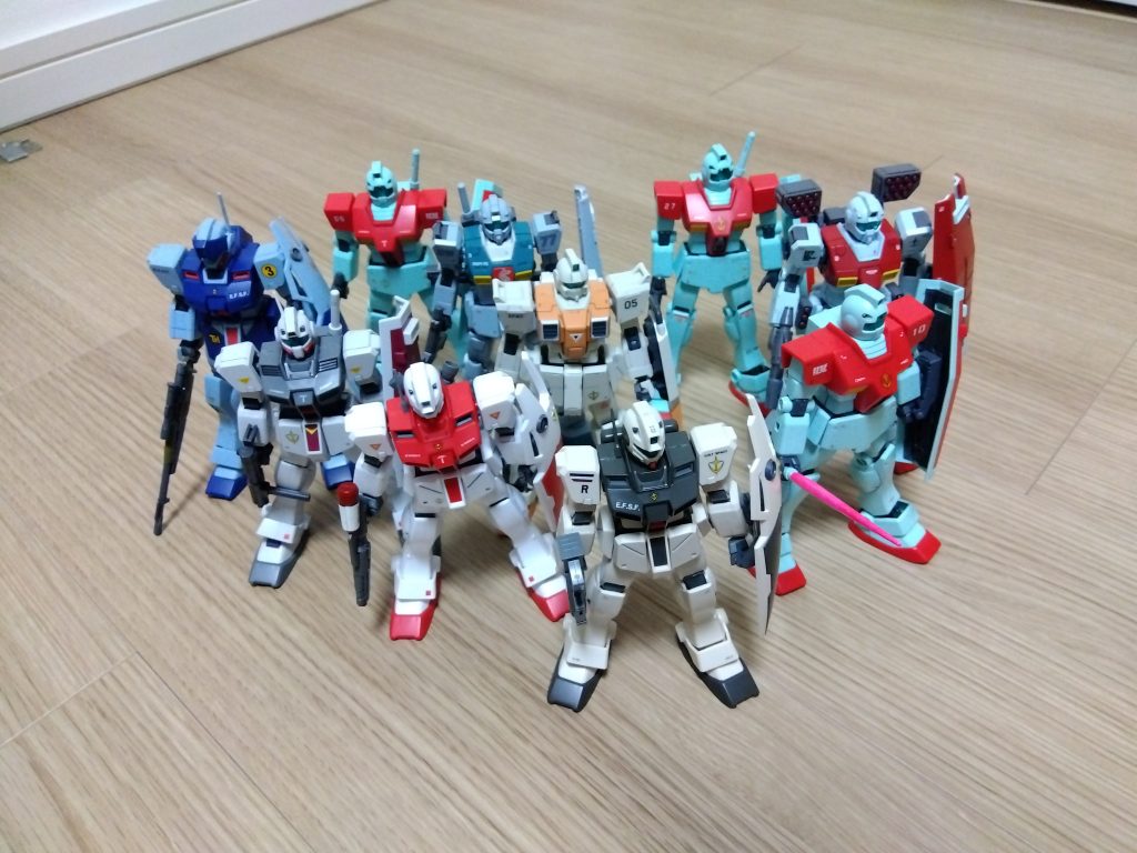 一年戦争のジムたち。陸ジム、ジム(一体目、二体目、三体目)、MSD版、スレッガー用と。