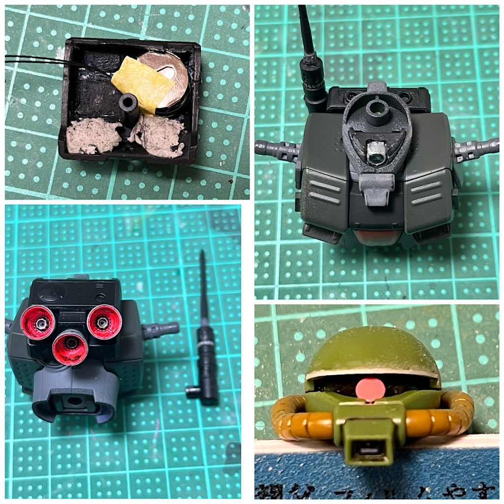 ・通信アンテナを自作(市販パーツを切ったり貼ったり)してバックパック横に接続・バックパックのバーニアは市販品(あすぱら模型さんから購入)と差替え・モノアイはビルダーズパーツのMSサイトレンズを使いLED電飾化。電池はバックパックの中に格納(マグネットスイッチなので非接触)・モノアイレールの幅をプラ板を貼り付けて詰めて目つきを若干悪く