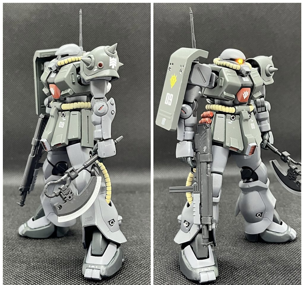 ・肩のスパイク・肘のボルトは市販品と差し替え・胸部の肩側は削って幅を狭めた・S字立ちが映えるように移植したF2型のザクの脚の膝関節を加工