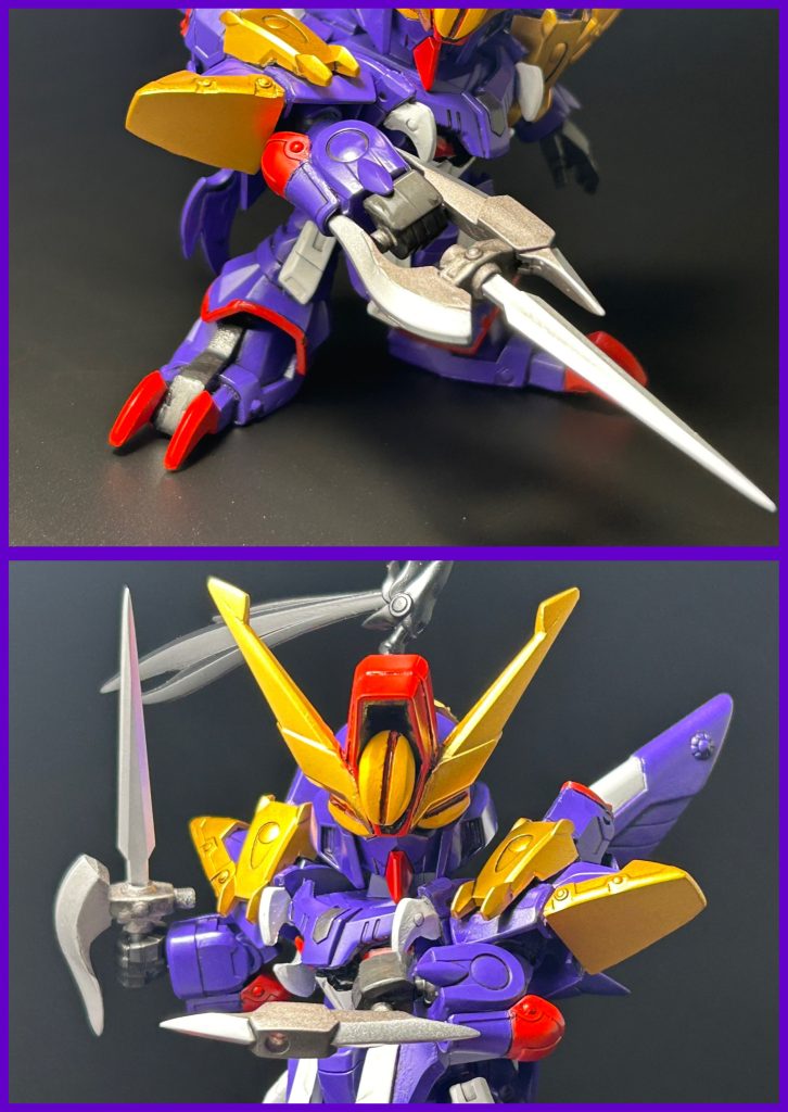 武器①銀剣葬(ぎんけんそう)独特な形をした、刺突系の剣技を得意としていた宿主専用の刀。細身の剣とトンファーに分離が可能。[窮奇] は宿主の記憶も支配しており、完璧に剣技を再現出来るようだ。モチーフはザンスパインが持つ特殊な形のビームライフル、名前は銀剣草(ヒマラヤとハワイにのみ生息するレアな植物らしいですよ)から。 ビームライフルの特殊な形状をどう近接武器に落とし込むか？が難点でしたが、結果として面白い武器が出来たかな〜、と。特殊な形状に関しては、何かしらザンスパインの画像を見てもらえばと思います。