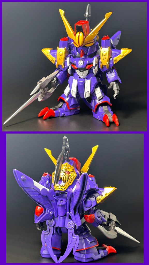 窮奇ザンスパイン[蚩尤]の配下[四凶]の一人であり、民に災いをもたらす邪悪な神。遥か昔…[四神]との戦いに敗れ、[蚩尤]と共に封印されていた。本来は翼の生えた虎のような姿をしているが、[四凶]は封印の際に魂だけの存在となった。[蚩尤]の復活をきっかけとして、宿主の肉体を器として魂を定着させた(=受肉した)状態で共に復活を遂げた。演者はGジェネオリジナルMSのザンスパイン。 今回、四神に対抗する四凶の演者はGジェネオリジナルでどうだろう？と思い立ち作成。件のザンスパインについては、・マイナーな機体だからなのか未ガンプラ化(そもそもザンスカール系MSは放送当時出てたキットぐらいしか無い？)・公式の立体物がかなり少ない…という現状だったので、リアル体型の設定資料、ゲームの動画、コンバージ(食玩)など…制作には基本ネットの情報が頼りでした苦笑