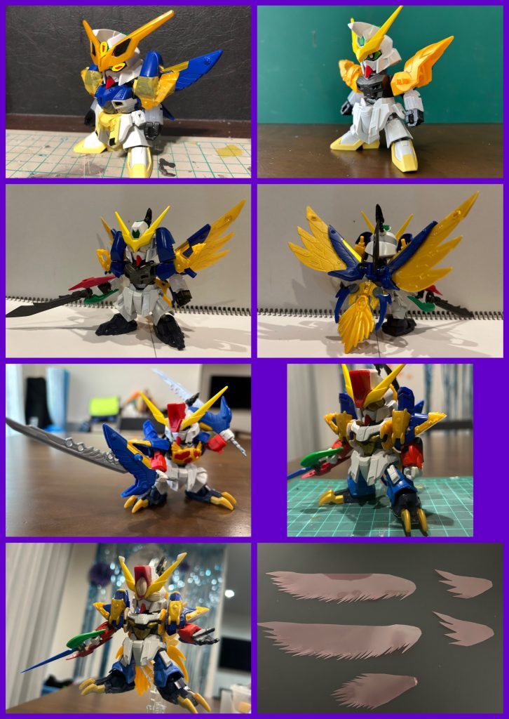 制作工程というか過程をば。・1枚目(左上)2022年4月時点。構想自体はこの頃からあって、ざっくり四凶4体作る所からスタート。その後別の物に着手して、四凶は凍結状態に笑・2枚目(右上)2024年4月時点。2年間でバラバラになった状態から再開。・3•4枚目(上2段の2枚)24年5月下旬時点。武者飛駆鳥の翼と鋼鉄迦楼羅の翼をガッチャンコ!これ良くね⁉︎→akatsukiさんの暁頑駄無を拝見して衝撃を受ける(同じ翼のミキシングなのにメチャメチャカッケェ…!ワイのセンスもあながち捨てたもんやないかも…?)→Xフォローさせて頂いた、という事があってな?(超個人的な報告)・5枚目(下から2段目左)4枚目から1週間後色んな部分が急激に進む。何があった…?・6•7枚目(残2枚)24年8月GBWC〆切間近大体形になった辺り。目はパテ製、磁石接続です。・8枚目(右下)GBWC投稿後の9月100均のクリアファイルを切って翼エフェクトを制作。他にも投稿に間に合わなかった部分の仕上げをして完成! いやほんとよく〆切に間に合ったな…