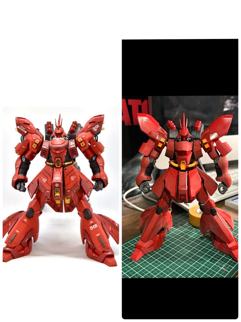 ビフォーアフターです。正直スタイル的にはHGが1番好みです、もちろんMGやRGもメチャクチャ格好良いんですが、HGが1番バランスが良い気がします。今回少しだけS字っぽく立たせられるよう腰を少し延長したのと、前述した首の延長以外スタイルは弄ってません。