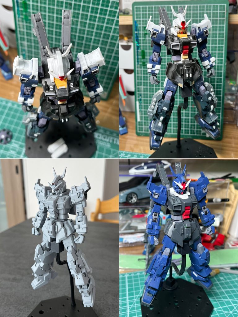 制作途中をまとめてサフ吹く前は工作の頑張りが良くみえるので一番好きな写真ですｗHGベースに制作したのでもう少しスジボリ・プラ板にてディティールアップすればよかったなともおもいます。オラザクの期限もあったし、制作期間引っ張りすぎたので余裕はありませんでしたが