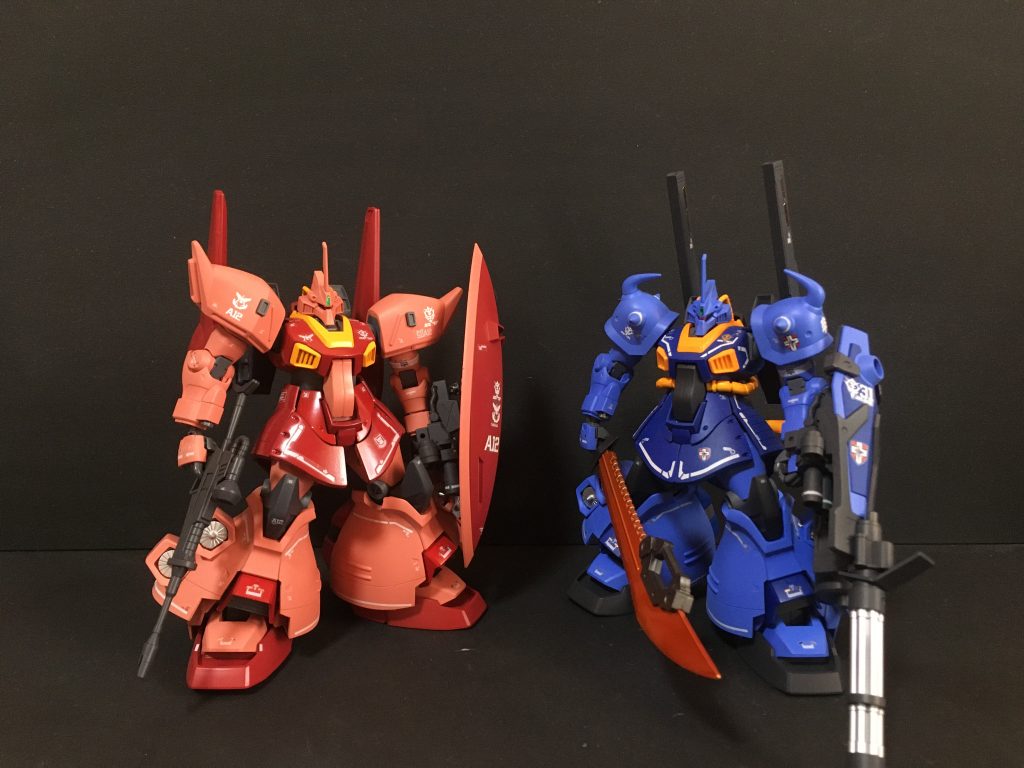 シャア専用機との２ショットシャア専用機は以前に制作したリックディジェとグフフライトタイプのミキシングです。シャア専用リックディジェ　https://gumpla.jp/hg/1079604シャア専用グフフライトタイプ　https://gumpla.jp/hg/2017238