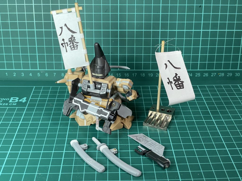 旗指物の試作とバックパックや装備の加工など。