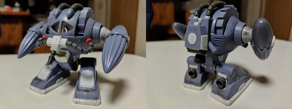 製作工程です。設定画のデザインに近づけるため、地味ですがいろいろな部分を改造しています。・胴体側の鼻パイプ基部を削り、外側に新設(赤い部品)・鼻基部をプラ板でスクラッチ・パイプを市販品に交換・上半身と脚にスリットを追加・脚の取付け位置を数mm上に変更・肩はジンクスのGNドライヴを使用して小型化