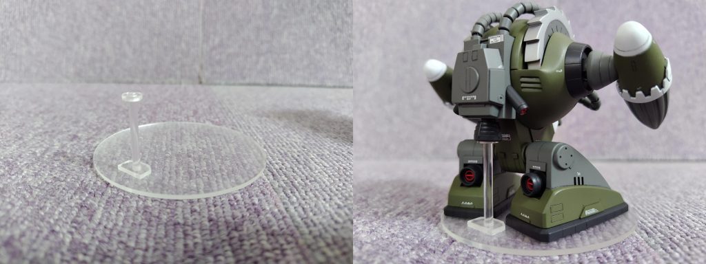 専用台座です。市販の台座は大き過ぎるので、透明プラ板とランナーで自作しました。台座なしでも倒れないとは思いますが、このところ地震が多いので一応・・・