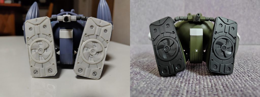 スリッパはプラ板によるフルスクラッチ。ズゴックを参考にして、裏面のディテールにこだわりました。なかなか気に入っています(gandam-hand1)