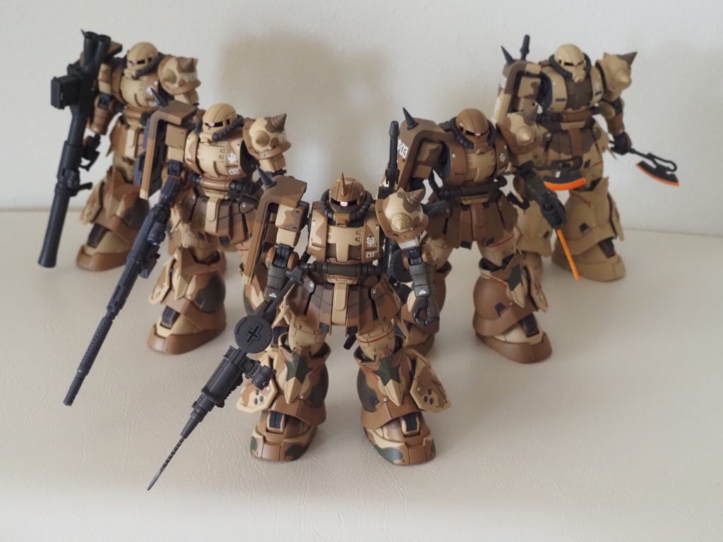 ２年越しで、妄想が現実になりました(zaku-kao6)1機ずつの投稿もしていますので、ご覧いただけたら嬉しいです。高機動型ザク地上用 エグバ機 迷彩塗装仕上げ｜MT78さんのガンプラ作品｜GUNSTA（ガンスタ） (gumpla.jp)HG高機動型ザク 地上用（ウォルド機）迷彩塗装｜MT78さんのガンプラ作品｜GUNSTA（ガンスタ） (gumpla.jp)HG 高機動型ザク地上用（サンホ機）迷彩塗装仕上げ｜MT78さんのガンプラ作品｜GUNSTA（ガンスタ） (gumpla.jp)迷彩塗装 高機動型ザク地上用（セルマ機）｜MT78さんのガンプラ作品｜GUNSTA（ガンスタ） (gumpla.jp)ダナン機 高機動型ザク地上用 迷彩塗装仕上げ｜MT78さんのガンプラ作品｜GUNSTA（ガンスタ） (gumpla.jp)最後までご覧いただきまして、ありがとうございました。