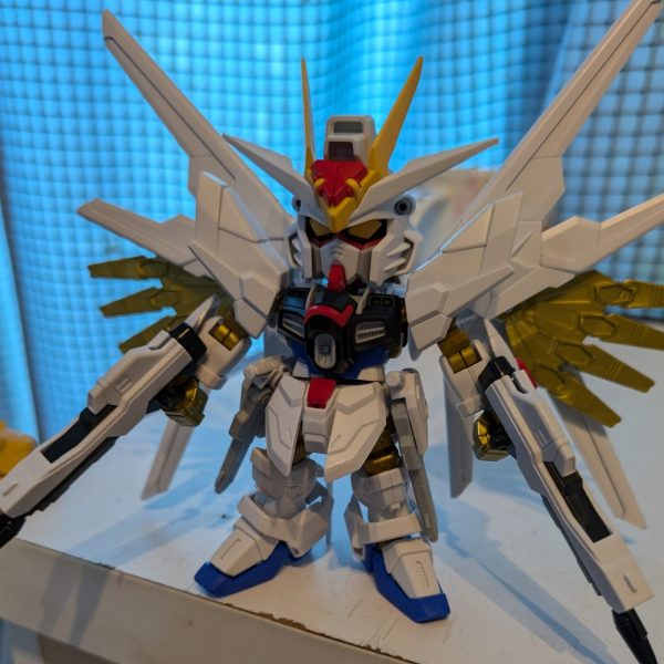 恐らくバスターガンダムとかアーマードコアの発売にお熱だと思いますが、このプラモデルもオススメに値するものだと思いますよ〜。今現在でも残っているのが不思議な位です。SDにありがちか肉抜きが足とCSフレーム位です。武装やプラウドディフェンダーの作りもＨＧに引けを取らない出来です。何より、ディスラプターが差し替え無しで発射が出来るのが秀逸！もちろん色分けはシール頼りですが、塗装モデラーの自分としては何ら問題無し！塗装が楽しみだな〜！（1枚目）